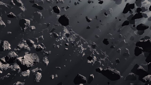 Asteroid field in deep space 3d render animation, Linear Orbit Shot around big asteroid rock or dwarf planet , with volumetric light