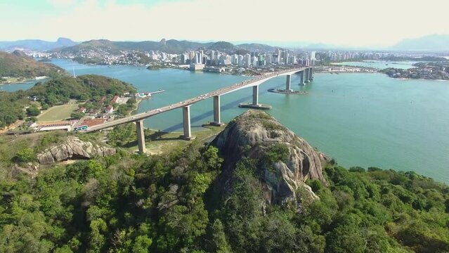 Aerial image of the city of Vit&oacute;ria in Esp&iacute;rito Santo, Brazil, showing the Marca da Bahia and the bridge that connects the two cities of Esp&iacute;rito Santo, image in fullhd 1080p