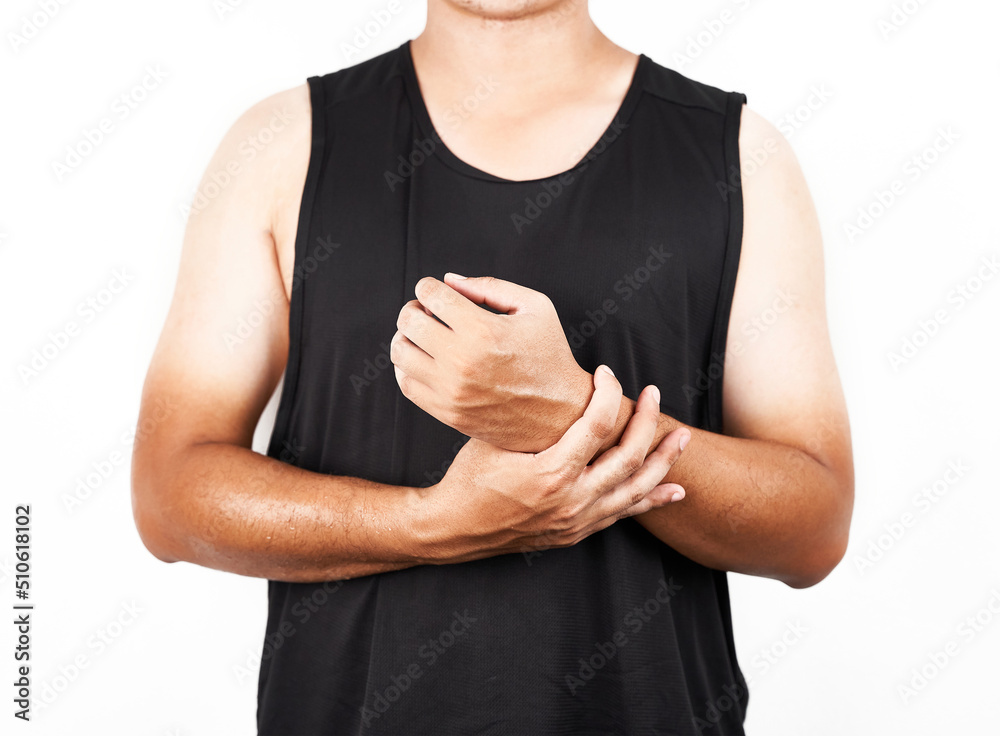 Wall mural Asian man who wears black tank top shirt with two-tone skin arm isolated on white background              