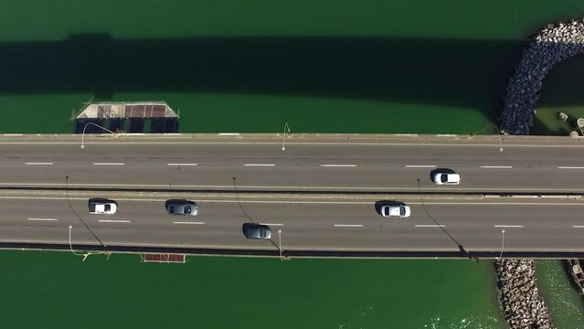 Aerial image of the city of Vit&oacute;ria in Espirito Santo, Brazil, showing the Marca da Bahia and the bridge that connects the two cities of Esp&iacute;rito Santo, image in fullhd 1080p