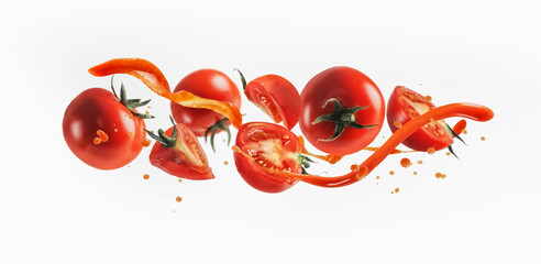 Flying tomatoes and juice splash at white background. Creative food levitation concept. Front view....
