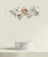 Cylinder podium with space for merchandise placement with flying peonies flowers and falling petals...