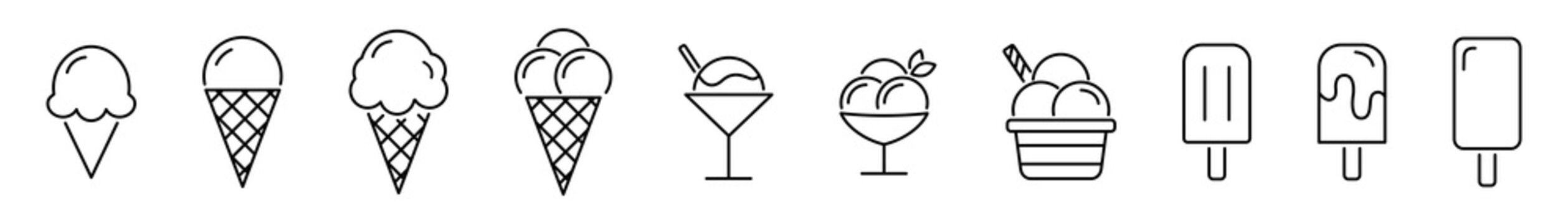 Ice cream icon set.  Sundae vector line icon. Vector ice cream cone dessert.