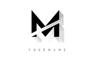 Black Wireframe M Letter Logo Design. Creative vector illustration with wired outline frame.