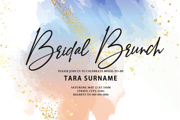 Bridal brunch invitation, save the date orange pink blue  gold texture abstract minimalistic background. Boho wedding card 