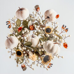 Composition with flying autumn wreath , white pumpkins, dried flowers and leaves at white...