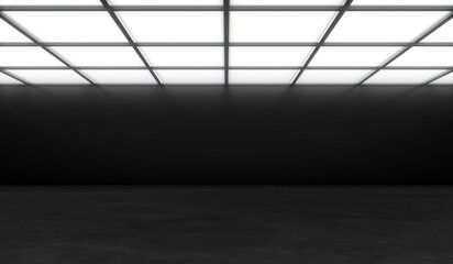 Modern empty hall room or open space with concrete floor, black wall and lights on top. 3D rendering Mockup.
