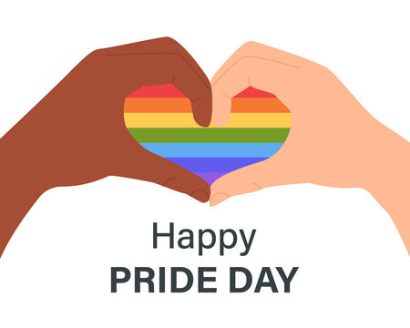 Two hands create a heart shape with the rainbow flag of the LGBT community. Celebration of the month of pride against violence and human rights violations. Vector