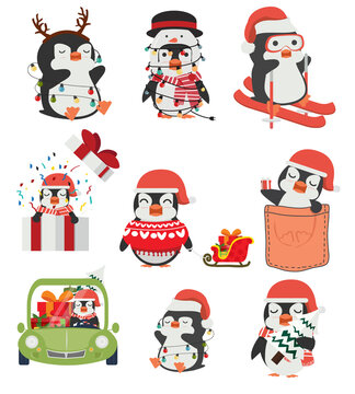 Cute penguins cartoon Characters  Winter Christmas set