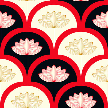 Asian Style Lotus Flower Seamless Pattern In Red Gold Shades