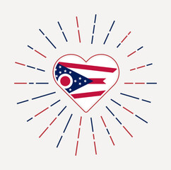 Ohio heart with flag of the us state. Sunburst around Ohio heart sign. Vector illustration.