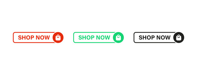 Shop now icon button in line frame with shopping bag cart icon or add to shop buy now label banner web icons buttons