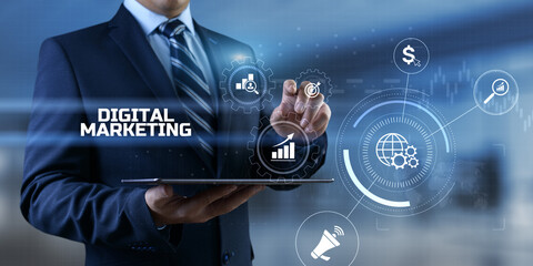 DIgital marketing online internet SEO SEM SMM. Businessman pressing button on screen.