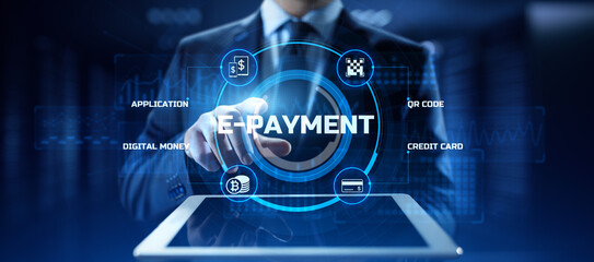 E-payment digital money online banking. Businessman pressing button on screen.