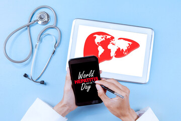 Doctor hands touching world hepatitis day text