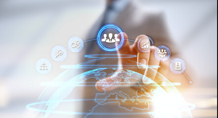 HR Human resources management Recruitment Headhunting. Businessman pressing button on screen.