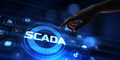 SCADA system Supervisory Control And Data Acquisition technology concept. Hand pressing button.