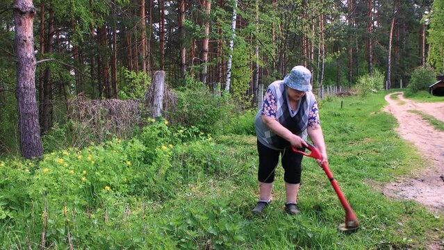 An old fat woman mows low green grass with an electric trimmer. The concept of caring for the territory of the house, garden plot, lawn. A man cuts weeds with a lawn mower. Warm soft light. UHD 4K.