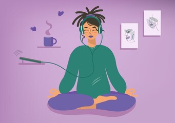 An informal girl in a lotus position, doing yoga and listening to audio on her phone. Lady in headphones meditates with a cup of coffee at home. Vector flat illustration. Template for yoga day.