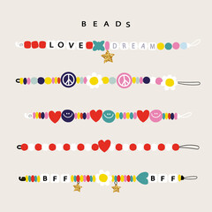 Set of plastic beads bracelets. Cute simple handmade accessories for girls. Vector hand drawn illustration. - obrazy, fototapety, plakaty