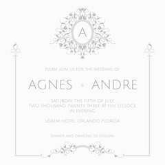 Elegant wedding invitation. Classic graphic elements. Frame with floral monogram.