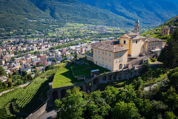 Sondrio, Valtellina, Italy, Aerial view of Sondrio and the Convent of S. Lorenzo - 510624394