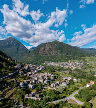 Valtellina, Italy, aerial view of the villages of Ponchiera and Mossini with Bridge of Cassandre