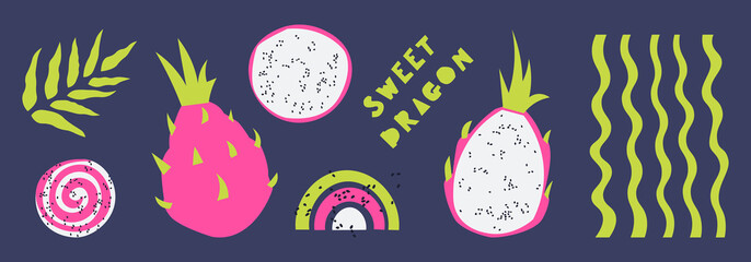 Set of dragon fruit - whole, cut, slices. Vector flat elements for design