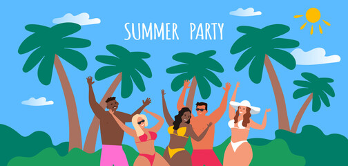 summer party dancing people celebrating tropical beach palm trees vector illustration