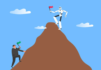 businessman and robot humanoid competition climbing up mountaing with flag vector illustration