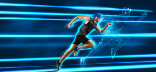 Sporty young man running on blue neon background