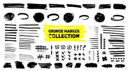 Big set of grunge roughly torn shapes. Marker highlighter collection. Vector background. Edge frames bundle. Distressed strokes, spots, borders and dividers. Hand drawn doodle design elements - obrazy, fototapety, plakaty