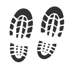 Footstep black silhouette, bootprint isolated on white background. Grunge track, symbol cartoon style.