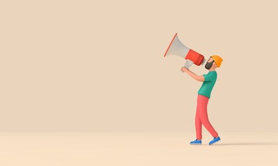 Male character using a megaphone. Business announcement. 3D Rendering