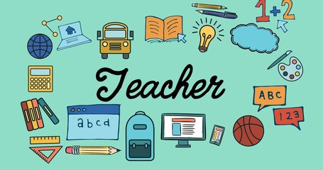 Illustration of various back to school doodles with teacher text on blue background, copy space