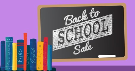 Illustration of back to school and sale text on writing slate with various subjects textbooks