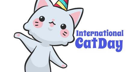 Illustration of cute kitten wearing party hat and international cat day text on white background
