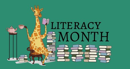 Illustration of giraffe reading book and drinking coffee on chair with books and literacy month text © vectorfusionart