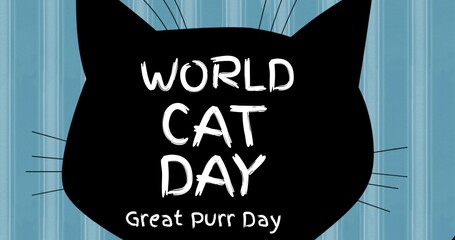 Illustrative image of black cat's face with world cat day and great purr day text, copy space