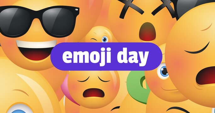 Digitally generated image of emoji day text over full frame shot of various emoticons