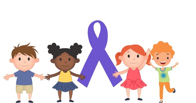 Illustrative image of cute children with blue awareness ribbon on white background, copy space