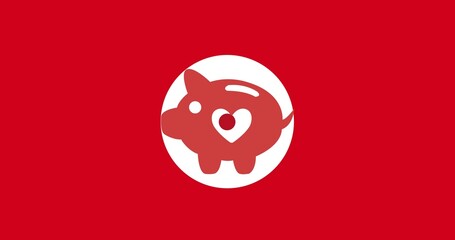 Illustration of red piggybank with heart shape in white circle against red background, copy space