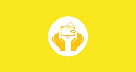 Illustration of yellow hands with wallet in white circle against yellow background, copy space