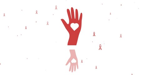 Illustration of red hand with heart shape in palm and awareness ribbons over white background