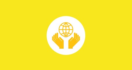 Illustration of yellow hands with globe in white circle over yellow background, copy space