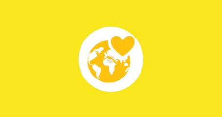 Illustration of yellow earth with heart shape in white circle against yellow background, copy space