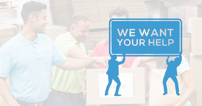 Caucasian Volunteers Donating In Boxes And Illustration Of Blue People With We Want Your Help Sign