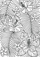 Tropical flowers hibiscus and palm leaves on background. Page of coloring book for adults and children, art therapy. Outline drawing, doodles. Vector background. Black and white illustration.