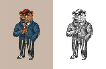 Bear in a jacket and cap and with a glass of wine. Fashion animal character in vintage costume. Hand drawn sketch. Retro look. Vector engraved illustration for logo and tattoo or T-shirts.