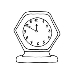 Antique table clock with a round dial in the form of a hexagon. Doodle. Hand drawn Vector illustration. Outline.